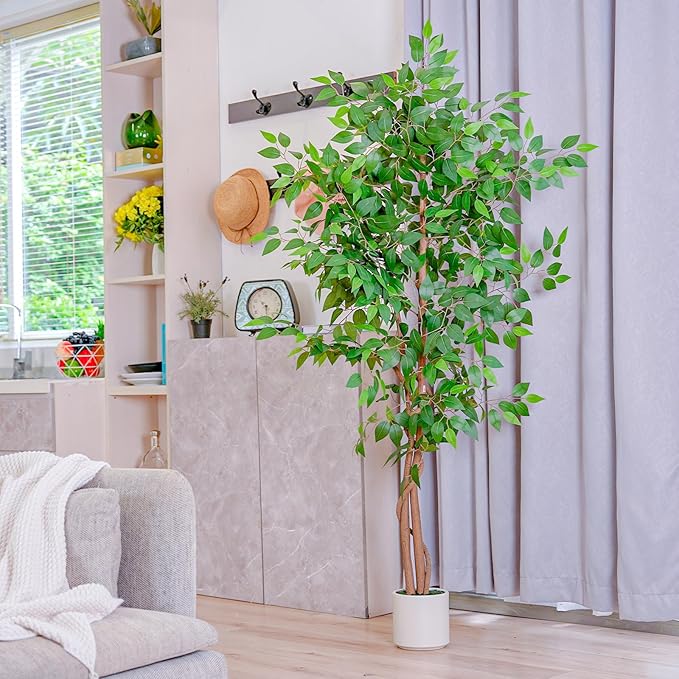 5FT Artificial Ficus Tree with White Planter, Realistic Faux Silk Indoor Outdoor Plant for Home Office Living Room, Porch, Garden Decor