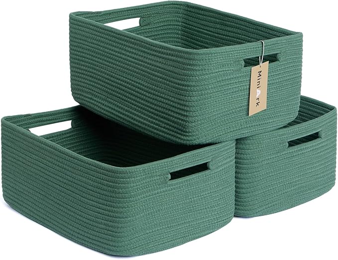 Large Storage Baskets for Shelves, Closet Organizers Bins for Clothes Blanket Towels, Baby Nursery, Toy Baskets Box, Woven Rope Baskets, 17 x 13 x 7.5”, 3 Packs Green
