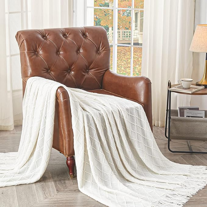 inhand Knitted Throw Blankets for Couch and Bed, Soft Cozy Knit Blanket with Tassel, Off White Lightweight Decorative Blankets and Throws, Farmhouse Warm Woven Blanket for Men and Women, 60"x80"