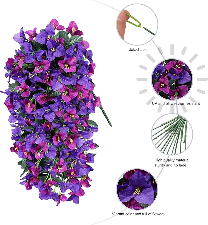 Bougainvillea Artificial Hanging Flowers Plants for Outdoors Decoration, 2pcs Fake Flowers Silk Bougainvillea Vines Realistic UV Resistant Faux Flowers for Outdoor Planters Porch Patio, Mix