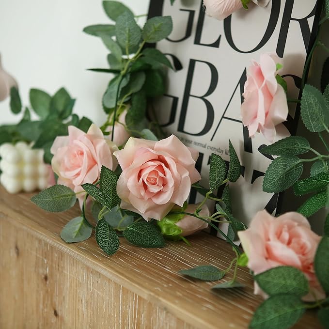 Felice Arts 2 Pack Pink Artificial Rose Garland Each 6.5FT Fake Rose Vine Hanging Floral Garland for Wedding Swing Table Centerpiece Arrangement Decor