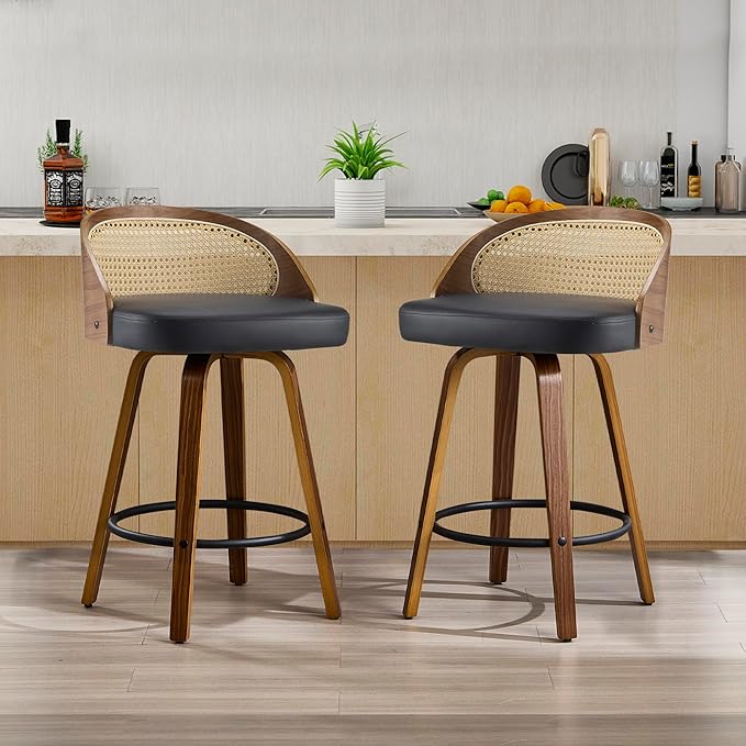 26 inch Swivel Bar Stools with Back, Set of 2 Mid-Century Modern Walnut Barstools, PU Leather Bar Chairs with Footrest for Kitchen Island, Dining, Home Bar - Black