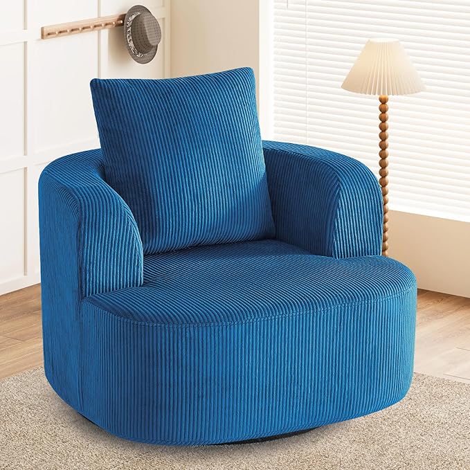 Furnimart 360° Swivel Barrel Accent Chair, Round Upholstered Comfy Lounge Chair, Corduroy High-Resilienc Foam Single Sofa, No Assembly Wide Seat for Living Room, Bedroom, Apartment (Blue)
