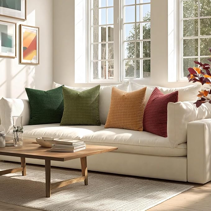MIULEE Modern Farmhouse Decorative Pillow Covers 18x18 Inch Set of 4 Natural Rustic Throw Pillows Neutral Warm Soft Corduroy Couch Pillowcases Home Decor for Sofa Living Room Bed Christmas Green
