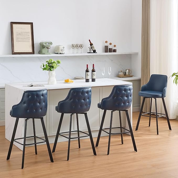 Bar Stools Set of 4, 30" Swivel Bar Height Bar stools with High Back, Faux Leather Kitchen Barstools Bar Height for Kitchen Island (Navy Blue, 4PCS 30" Bar Stools)