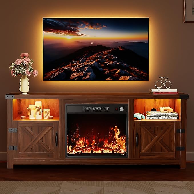 YESHOMY Fireplace TV Stand with Mood Lighting, LED TV Stand with Open Shelf, Farmhouse Media Console with Hidden Cable Routing, Entertainment Center for Televisions up to 65+ Inch, Walnut