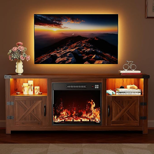 YESHOMY Fireplace TV Stand with Mood Lighting, LED TV Stand with Open Shelf, Farmhouse Media Console with Hidden Cable Routing, Entertainment Center for Televisions up to 65+ Inch, Walnut