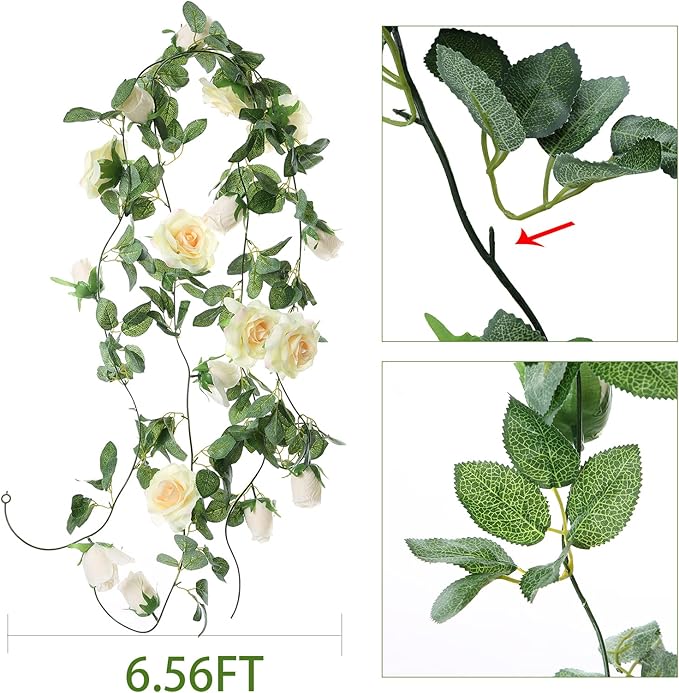 Felice Arts 2 Pack Champagne Rose Garland Each 6.5FT Fake Rose Vine Hanging Floral Garland for Wedding Table Arrangement DIY Flower Wreath Decor