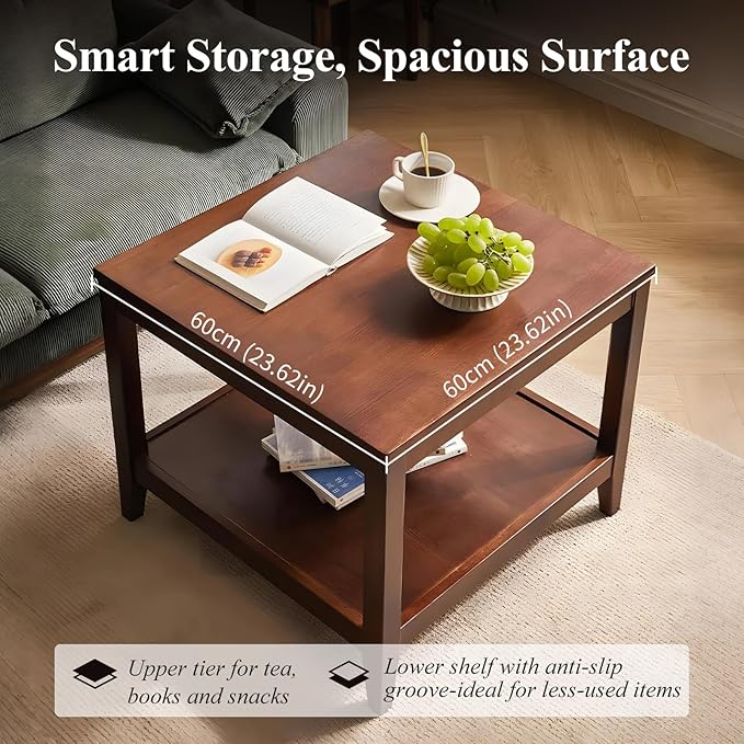 Side Table, Solid Wood Square End Table with Storage Shelf, 2-Tier Coffee Table for Living Room, Rubber Wood Small Sofa Table, Nightstand 23.62 H x 23.62 W x 23.62 D Inches (Walnut)