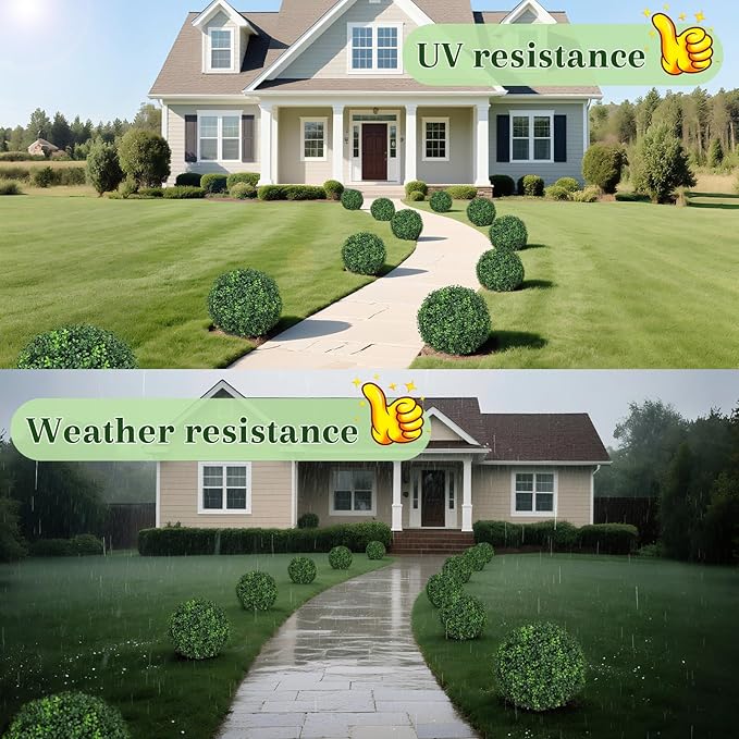 25.6'' Fake Plant Home Decor, UV Resistant Artificial Outdoor Topiary Ball Tree, Lifelike Outdoor Faux Plants with Spike, Easy to Install Boxwood Balls Fake Tree, Set of 4