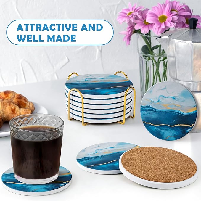 GOH DODD Coasters for Drinks Set of 6, Absorbent Marble Style Ceramic Coaster Tabletop Protection Home Decor with Metal Holder for Coffee Table, Housewarming Gifts Wedding Party, Blue, Round, 4 Inch