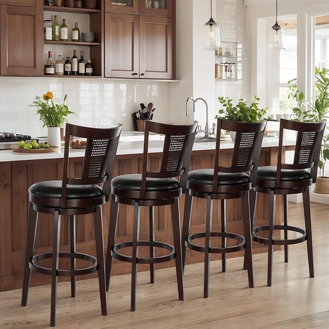 ALPHA HOME Swivel Bar Stools Set of 6, Kitchen Stools with Backs, 30 Inch Wooden Bar Stools, 360 Degrees Swivel Chair with Upholstered, Wrap-Around Footrest Counter Chair, Dark Brown