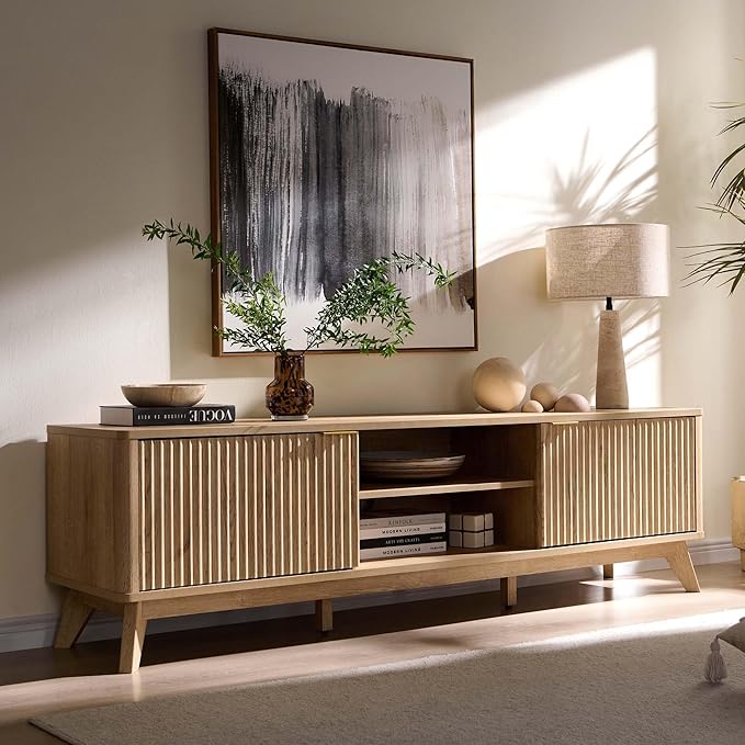 OKD 70" Mid Century Modern Fluted TV Stand, Entertainment Center, Sideboard, Media Console for Living Room with 2 Soft Close Door/Adjustable Shelves (Natural Oak)
