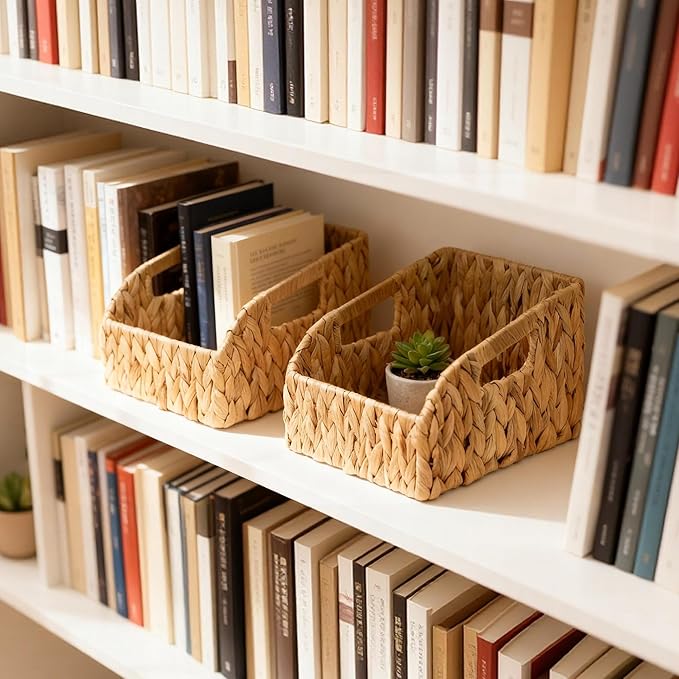 Wicker Baskets for Organizing, Pantry Baskets with Handles, Handwoven Wicker Storage Basket, Water Hyacinth Storage Bins for Shelves, Boho Decoration, 3 Pack,Natural