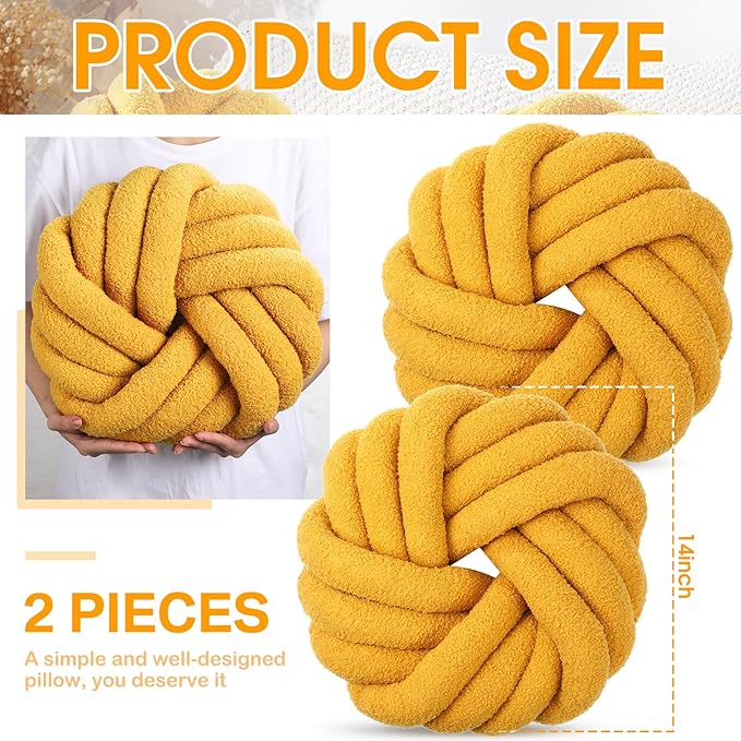 Marsui 2 Pieces Knot Ball Pillows 14 x 14 Inch Decorative Pillow for Couch Bedroom Plush Throw Knot Pillow Soft Handmade Chair Cushion for Living Room Car Decorations (Ginger)
