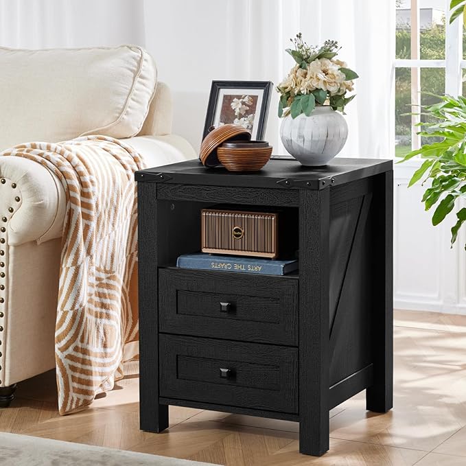Nightstand with Charging Station, Farmhouse Night Stand with 2 Drawers and Shelf Storage, Wooden Side End Table, Bedside Cabinet for Bedroom, Living Room, Closet, Office (Black)