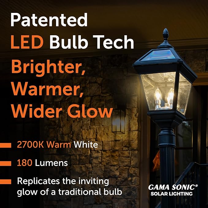 Gama Sonic Imperial Solar Post Light, Black Aluminum and Glass, Triple Candelabra Bulb with 3-inch Fitter for Lamp Poles, Warm White 2700K, 37BC50012