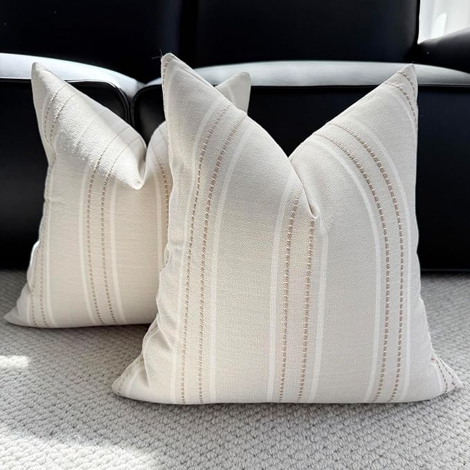Hckot Hand Made Decorative Khaki Pillow Covers 18x18 Striped Throw Pillows Textured Linen Pillow Covers Farmhouse Decor Cushion Covers for Couch Bed Living Room, Khaki