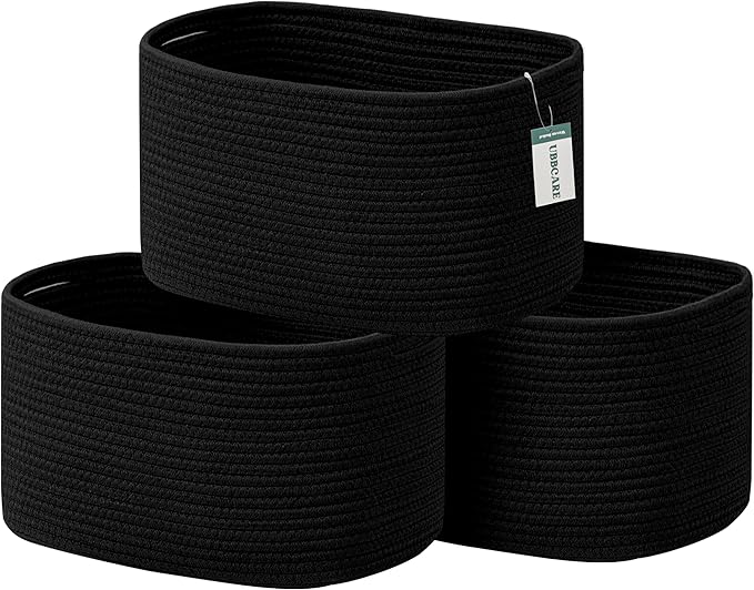 UBBCARE 3-Pack Woven Rope Shelf Baskets - 15x10x9in Decorative Storage Basket for Toys, Kids Playroom, Closet Organization & Cube Storage Organizer | Gift Basket Empty, Black