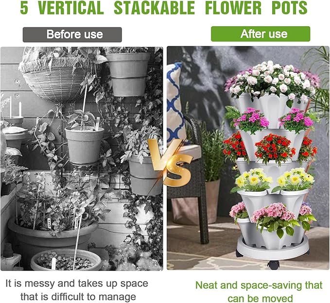 Vertical Strawberry Planter 5 Tier Stackable Tower Herb Planters-Stacking Garden Outdoor Planter Pot with Tools Mover for Succulents, Vegetables and Flowers