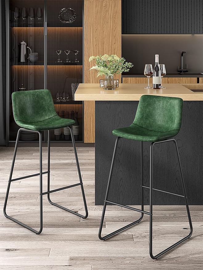 Bar Stools Set of 4, 30 Inches Counter Height Bar Stools with Back, Modern Faux Leather Barstools with Metal Legs and Footrest, Bar Chairs for Kitchens Island (Green)