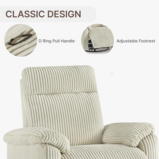 Swivel Rocker Recliner for Adults, Corduroy 360 Degree Swivel Glider Recliner Manual 3-Position Adjustable Easy Assembly for Small Space Living Room Nursery Bedroom