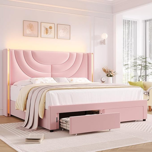 HITHOS Full Upholstered LED Bed Frame with 2 Storage Drawers, Velvet Platform Bed with Wingback Headboard, Solid Wooden Slats Support, No Box Spring Needed, Headboard Splicing Design, Pink