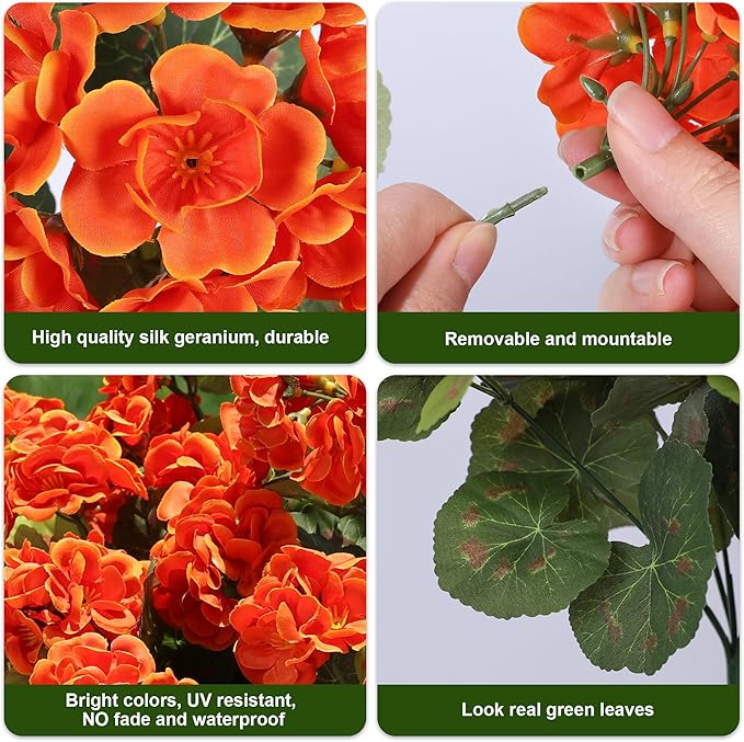 Fake Geraniums Artificial Flowers for Outdoors Fall Autumn Decoration, 6 Bundles Silk Geraniums UV Resistant Look Real Orange Faux Flowers Plants for Front Door Garden Planter Patio Balcony Yard Home