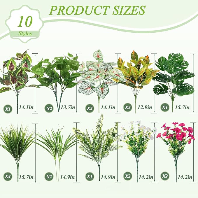 19PCS Artificial Plants Outdoor UV Resistant Faux Greenery Stems & Flowers Realistic Fake Shrubs Bushes for Patio Garden Front Porch Yard Decor