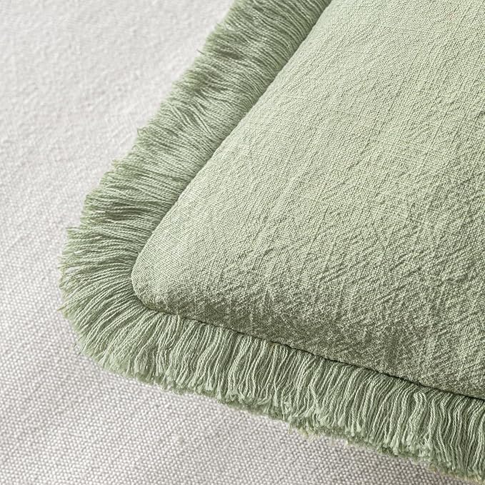 MIULEE Decorative Throw Pillow Covers Neutral Linen Fringe Throw Pillows Euro Shams Set of 2 Sage Green Boho Farmhouse Cushion Covers for Couch Sofa Bed Living Room Spring Home Decor 24x24 Inch