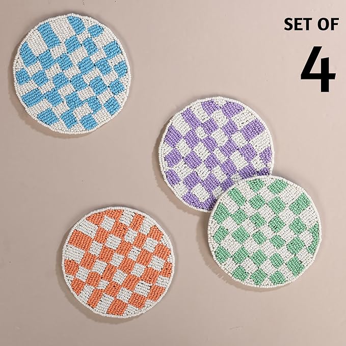 Folkulture Coaster for Drinks | (4") Pack of 4 Multicolor Boho Coasters | Cute Round Boho Coaster | Beaded Drink Coasters for Coffee Table | Round, Beaded, Hand Wash Only