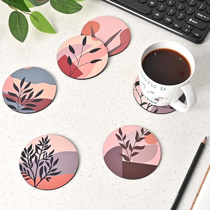 GKD Wooden Coasters for Drinks, Coasters Set of 6 with Holder, 3.5 inches Eco-Friendly Absorbent Coaster for Coffee Table, Bar, Drinking Glasses, Tabletop Protection (1, Modern Art)