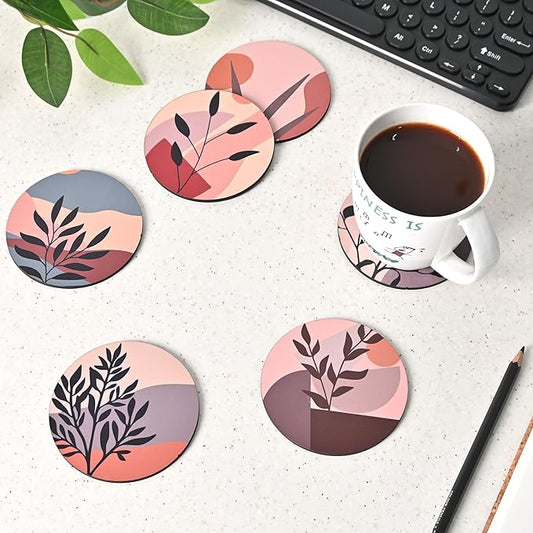 GKD Wooden Coasters for Drinks, Coasters Set of 6 with Holder, 3.5 inches Eco-Friendly Absorbent Coaster for Coffee Table, Bar, Drinking Glasses, Tabletop Protection (1, Modern Art)