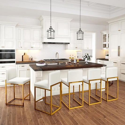 PHI VILLA White Bar Stools Set of 6, Counter Height Bar Stool Faux Leather Barstools with Back, 24 inch Kitchen Bar Chairs