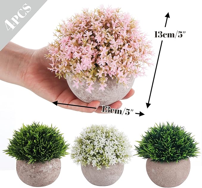 Lemonfilter Set of 4 Mini Potted Artificial Plants Plastic Eucalyptus Plants Faux Rosemary Plants for Home Garden Office Desk Shower Room Decoration