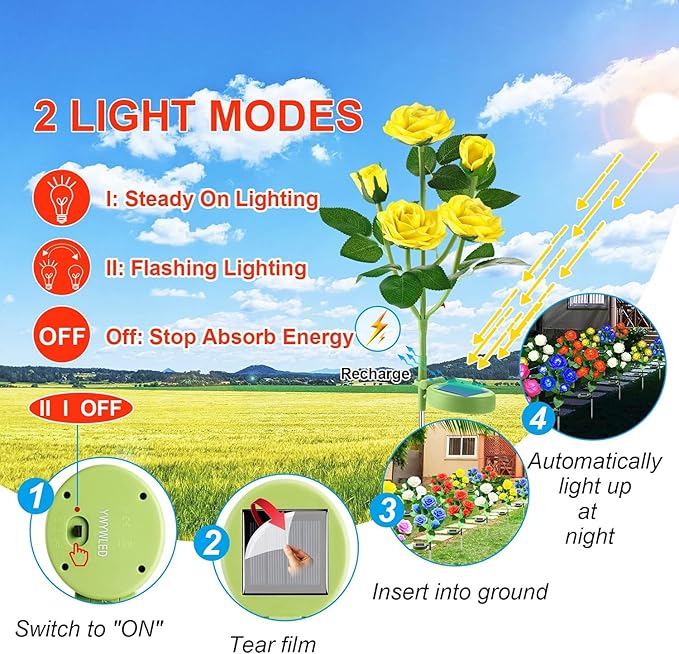 Solar Flower Lights Outdoor - Upgraded New Material Two Modes Realistic LED Solar Powered Waterproof with 5 Roses, Solar Decorative Stake Lights for Garden (Yellow, 1 Pack)