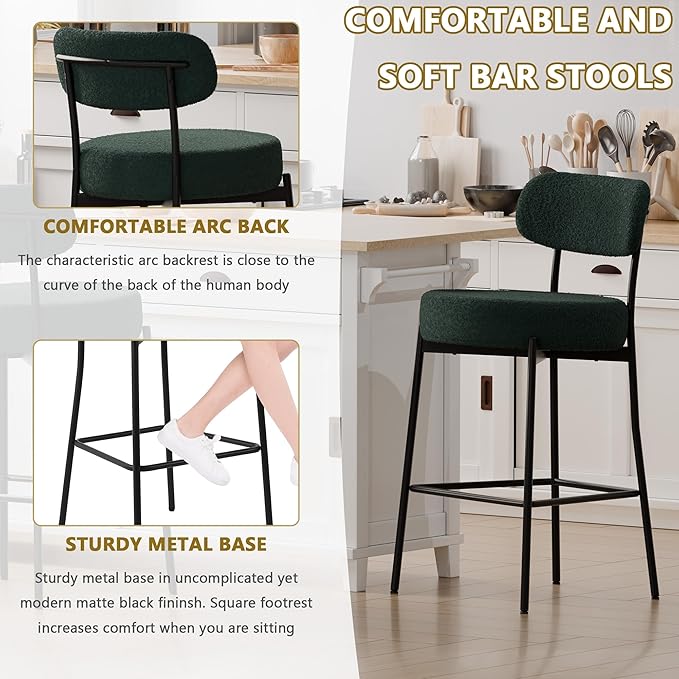 DYHOME Bar Stools Set of 2, Green 28 Inches Counter Height Kitchen Stools, Modern Upholstered Boucle Barstools with Back & Footrest Metal Legs, Stools for Kitchen Island, Counter, Cafes, Dining Room