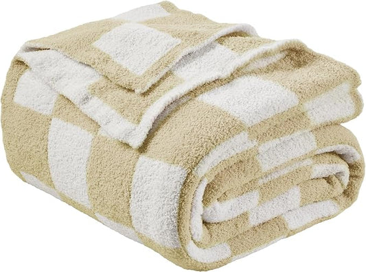 JOOJA Soft Cozy Checkerboard Beige Blanket Fluffy Knit Throw Blanket for Couch Plaid Checkered Beige 50x60 in