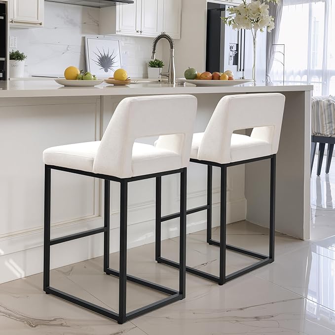 Counter Height Black and White Bar Stools Set of 2 for Kitchen Counter Modern Bar Chairs with Backs for Kitchen Island with Upholstered Fabric Seat and Metal Frame, 26 Inch