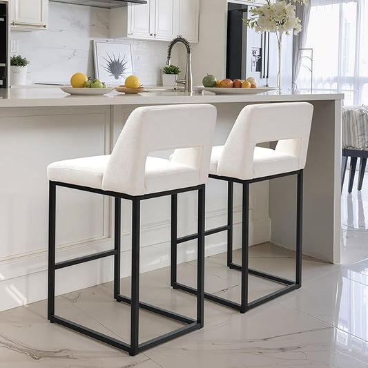 Counter Height Black and White Bar Stools Set of 2 for Kitchen Counter Modern Bar Chairs with Backs for Kitchen Island with Upholstered Fabric Seat and Metal Frame, 26 Inch