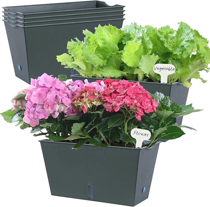 Window Box Planter 6 Pcs, 12.6 Inches Self Watering Rectangle Flower Plant Pots with Drainage Holes & Breathable Trays, Vegetable Planters for Windowsill Patio Garden Balcony Porch Yard (Dark Green)