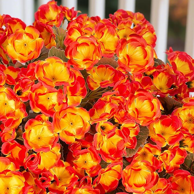 Fake Fall Flowers Artificial for Outdoors Decoration, 6 Bundles Faux Geranium Silk Flower Outside UV Resistant No Fade Artificial Floral for Home Garden Balcony Indoor Table Centerpieces Decor