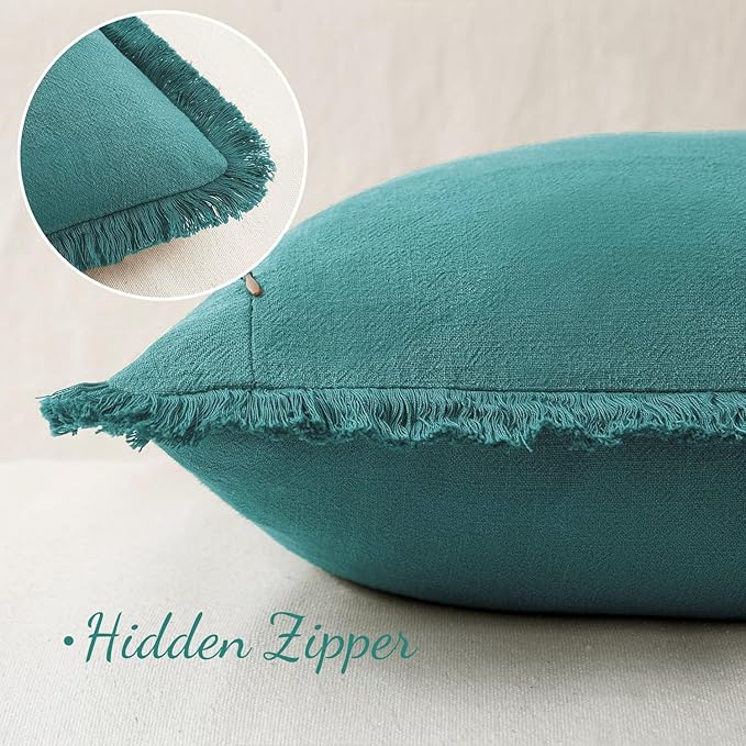 MIULEE Decorative Throw Pillow Covers Neutral Linen Fringe Throw Pillows Set of 2 Teal Boho Farmhouse Cushion Covers with Tassels for Couch Sofa Bed Living Room Spring Home Decor 18x18 Inch