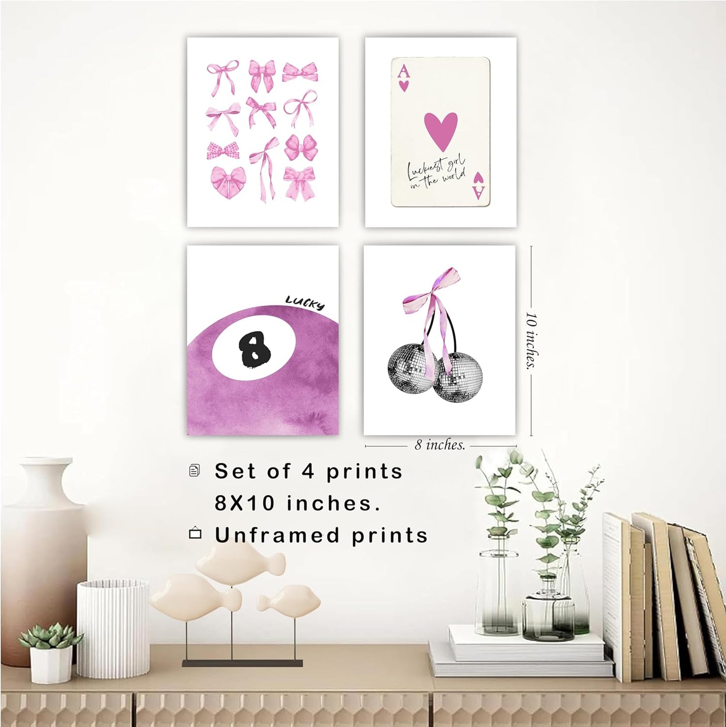 okaxscm Purple Coquette Trendy Preppy Wall Art Prints Set of 4, Coquette Preppy Room Decor Aesthetic, Purple Bow Disco 8 Ball Cherry Wall Decor Posters for Girls Bedroom Dorm, 8x10 Unframed