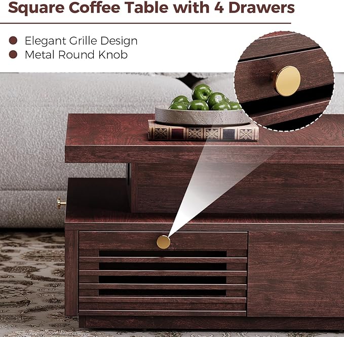 IRONCK Coffee Table with LED Light and Charging Station, 4 Storage Drawers with Grille Design, Square Coffee Table for Living Room Office Reception Room (Walnut)