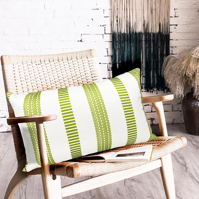 Decorative Throw Pillow Covers Set of 2 Grass Green Boho Striped Pillow Covers 12x20 Inch Throw Pillow Cover Linen Pillowcase Farmhouse Outdoor Pillow Covers for Couch Sofa Living Room
