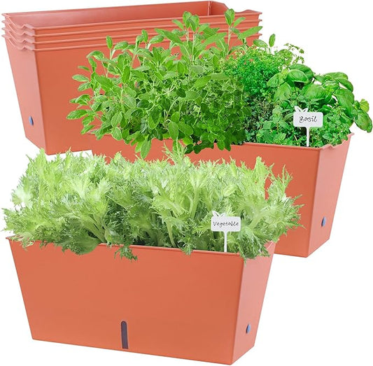 Window Box Planter 6 Pcs, 16.5 Inches Self Watering Rectangle Flower Plant Pots with Drainage Holes Trays, Vegetable Planters for Windowsill Patio Garden Balcony Porch Yard (Orange)