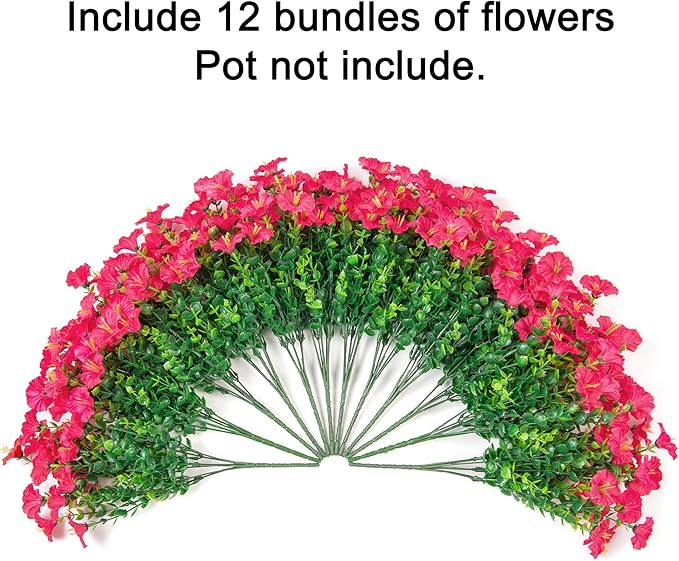 Fake Plants Artificial Flowers for Outdoor Outside Summer Decoration, 12 Bundles Faux Flowers Silk Hot Pink Morning Glory with Eucalyptus Look Real UV Resistant for Planter Front Door Porch Yard Patio