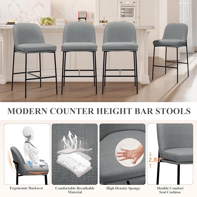 COLAMY Counter Height Bar Stools Set of 6, 25 Inch Modern Fabric Kitchen Island Stools with Back, Upholstered Counter Barstools Armless Bar Chairs with Metal Legs for Island Dining Room Bar,Dark Grey