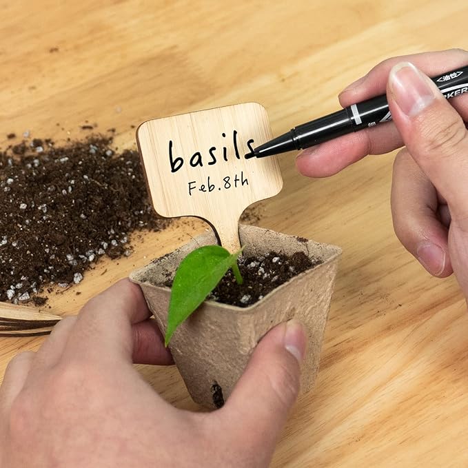 OBTANIM 75 Pack Bamboo T-Type Plant Labels with A Marker Pen, Garden Markers Sign Plant Tags for Seedling Potted Herbs Flowers Vegetables